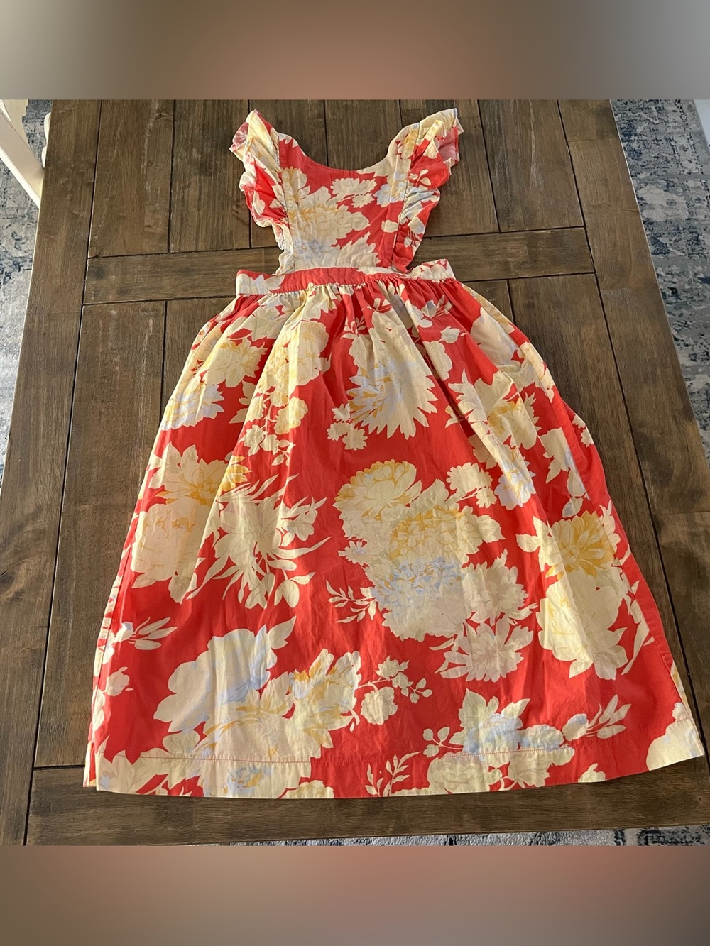 Mango Coral Red Floral Apron Ruffle-Strap Dress Girls size 10